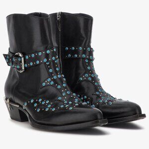 Roberto Cavalli Embellished Faux Turquoise Leather Ankle Cowboy Boots